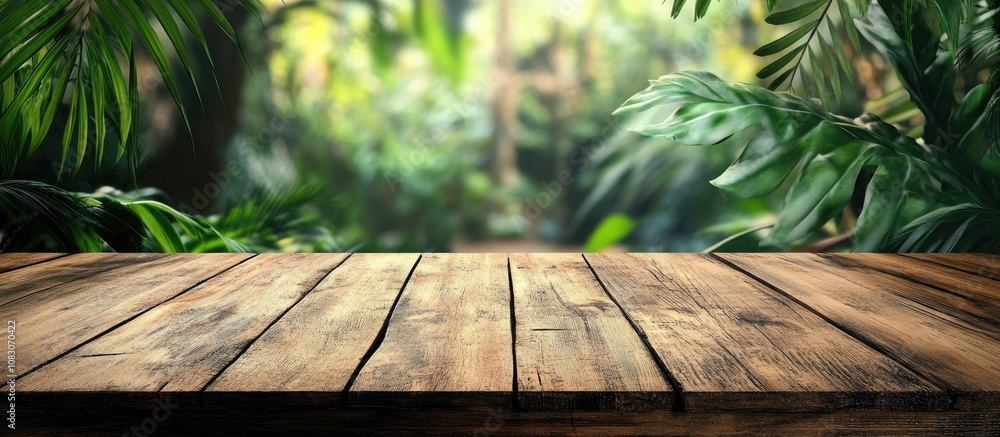 Aufkleber rustic wooden surface with a blurred jungle backdrop ideal for product displays and shelf montages f