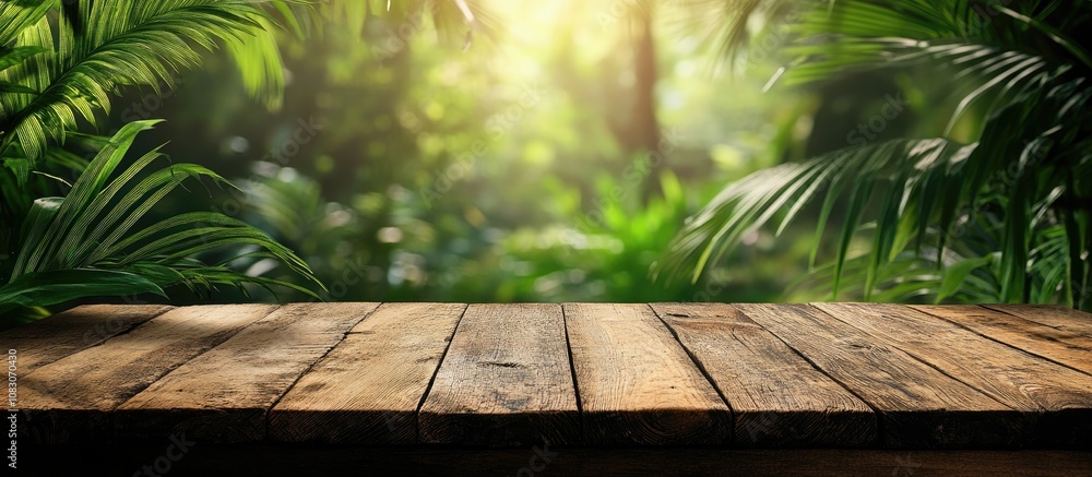 Poster rustic wooden surface with a blurred jungle backdrop ideal for product displays and shelf montages f