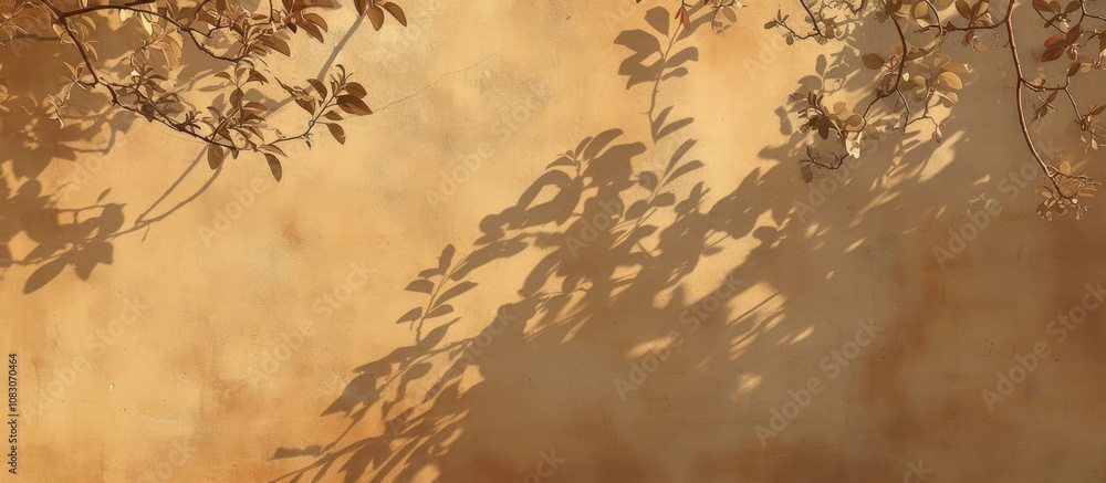 Poster artistic shadow patterns of branches trees and leaves cast on a brown concrete wall ideal for use in