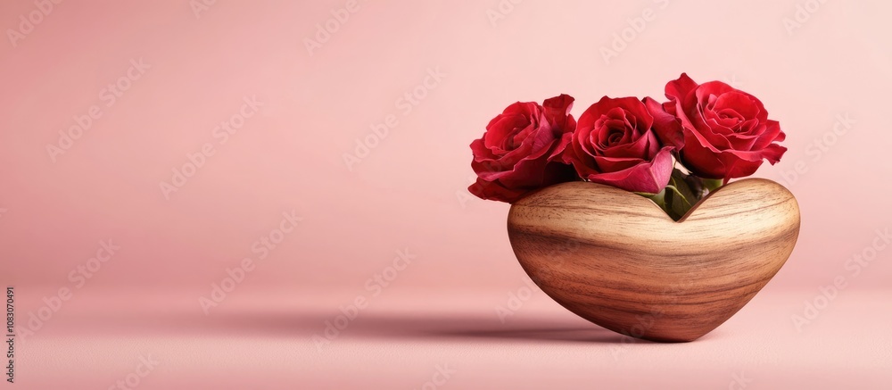 Poster three red rosebuds in a heart shaped wooden bowl on a pink backdrop creating a romantic setting with