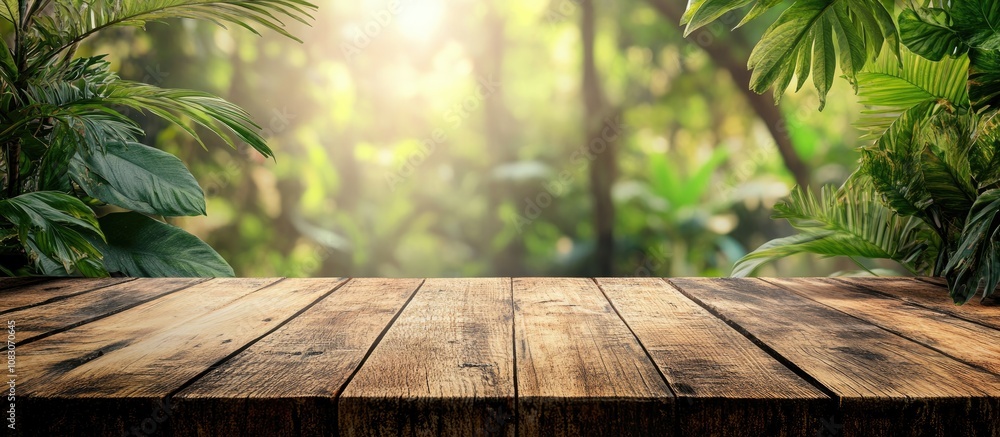 Poster rustic wooden surface with a blurred jungle backdrop ideal for product displays and shelf montages f