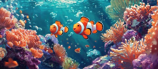 Obraz premium Artwork featuring Amphiprion ocellaris clownfish in a vibrant reef aquarium setting