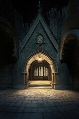Fototapeta premium Fantasy castle facade illuminated at night