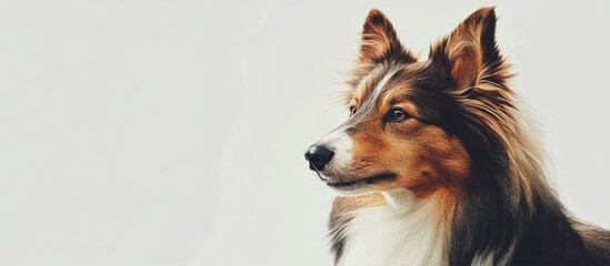 Portrait of a Shetland Sheepdog positioned against a clean white backdrop