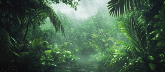 Obraz premium Rainforest artwork featuring a lush green jungle in foggy rainy weather
