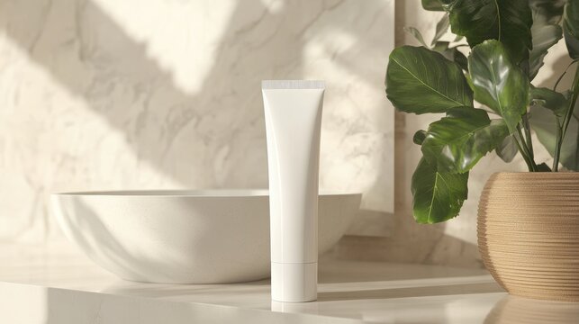 A white facewash tube showcased in a bathroom interior mock up featuring a beauty and care product packaging design ideal for an interior product photoshoot