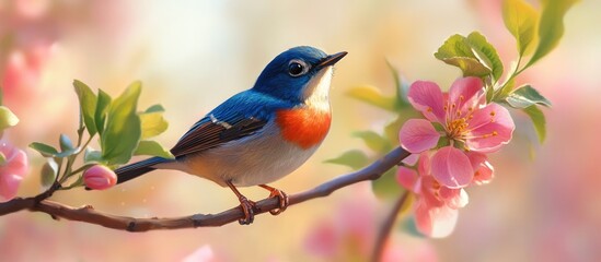 Obraz premium Male bluethroat perched on apple tree branches adorned with pink blossoms on a bright spring day