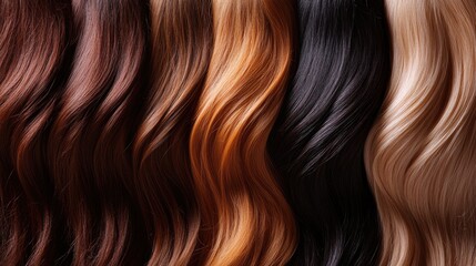 Fototapeta premium Variety of natural hair colors and textures for extensions and wig creation Hair extension styling Visual content for beauty salons showcasing a range of color shades