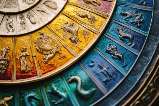 Vibrant circular calendar featuring zodiac signs in a colorful design