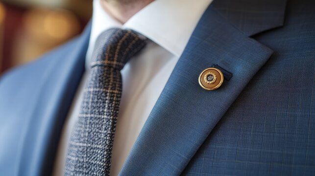Close up of a businessman s stylish tie knot and distinctive lapel pin