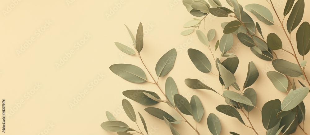 Poster eucalyptus branches and leaves arranged in a frame on a beige pastel background captured from above 