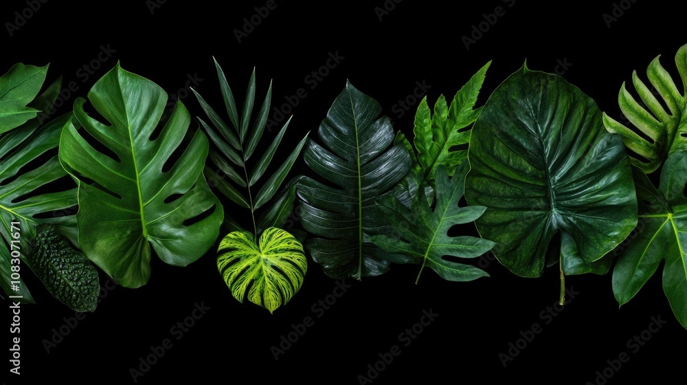 Poster close up of assorted dark green tropical leaves bunches isolated on a black background featuring a c