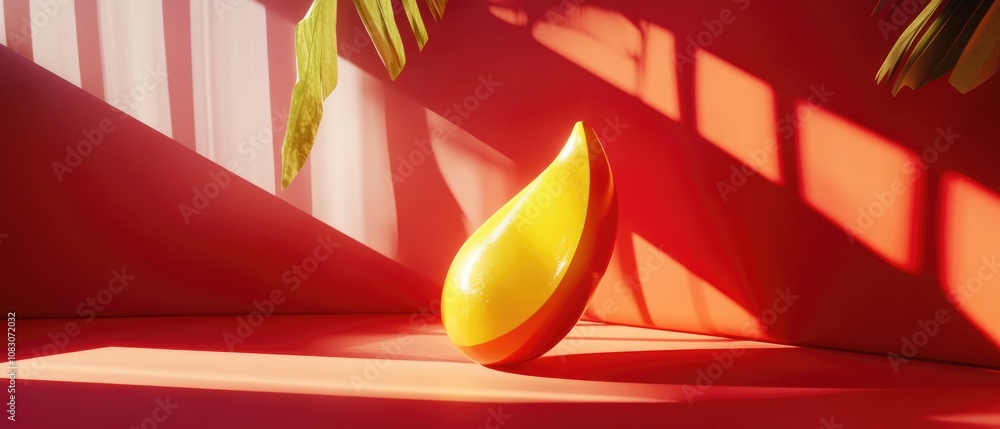 Poster a vibrant red backdrop featuring an object in yellow and red hues