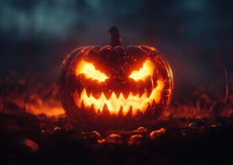Glowing Halloween Jack o Lantern Pumpkin Creature with a Soft Focus Background