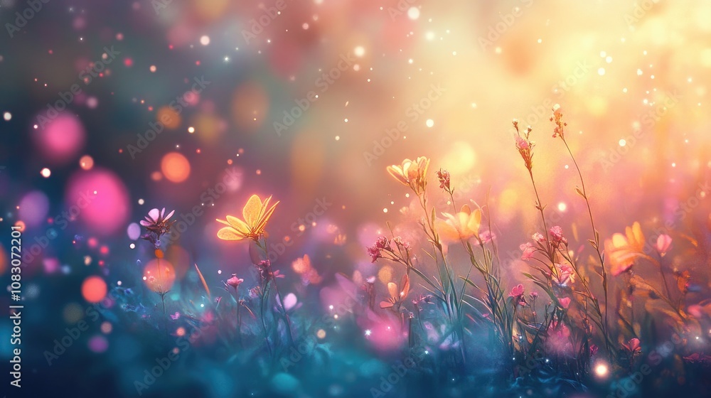 Poster whimsical bokeh effect with a dreamy background creating a fantasy atmosphere in a vibrant illustrat