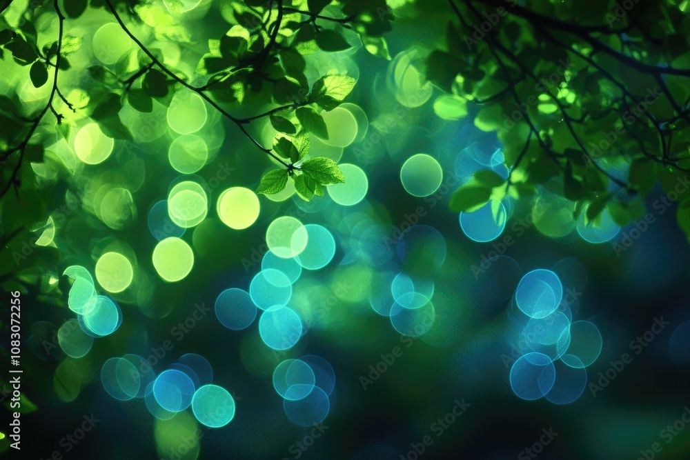 Poster bokeh circles in shades of green and blue create a captivating background effect