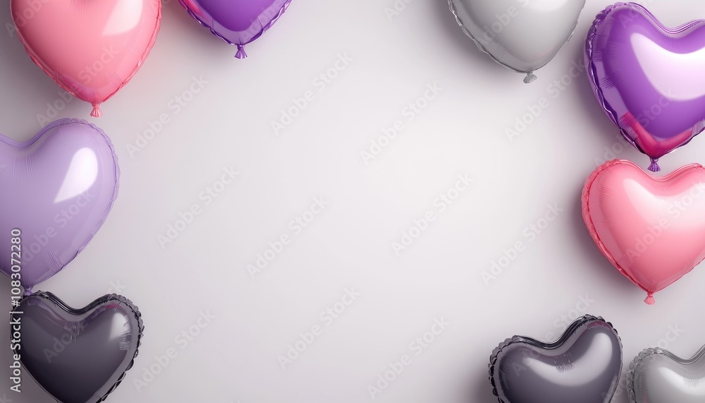 Poster heart shaped balloons drifting on either side of the frame creating an empty center for text against