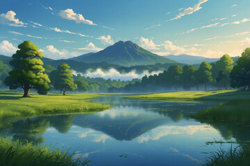 Anime, tranquil lake mirroring mountains, surrounded by green fields and large trees, early morning mist, serene
