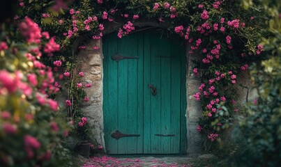 Magical green door surrounded by blooming pink flowers in a garden