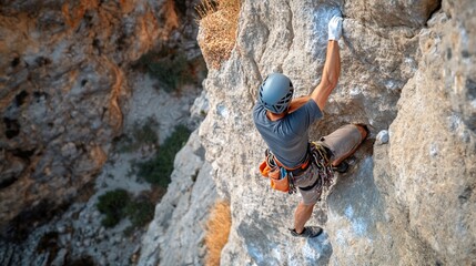Rock climber scaling a steep cliff face.