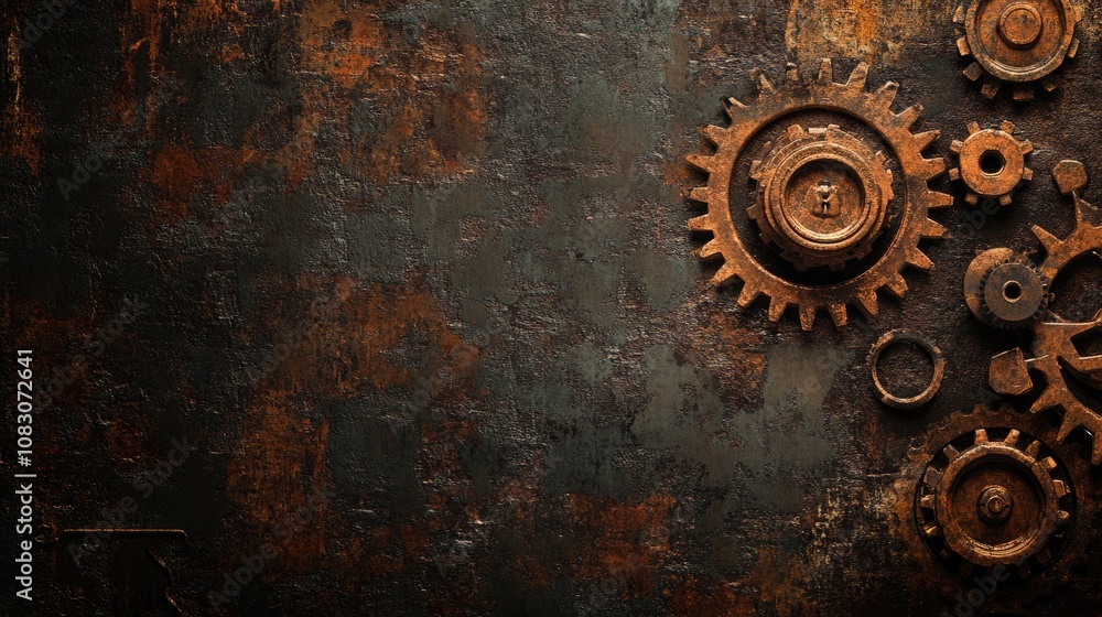 Poster futuristic steampunk grunge background featuring rustic textures with dirty metal copper gears and c