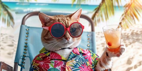 Cat wearing oversized sunglasses and a colorful Hawaiian shirt, lounging in a beach chair with a tropical cocktail in paw. Beautiful beach with white sand, palm trees background.