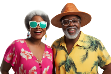 Happy senior couple in vacation attire. Man wearing straw hat, woman wearing sunglasses smile for camera. Dressed in colorful clothing. Perfect for themes of love, happiness, retirement, travel. Png.