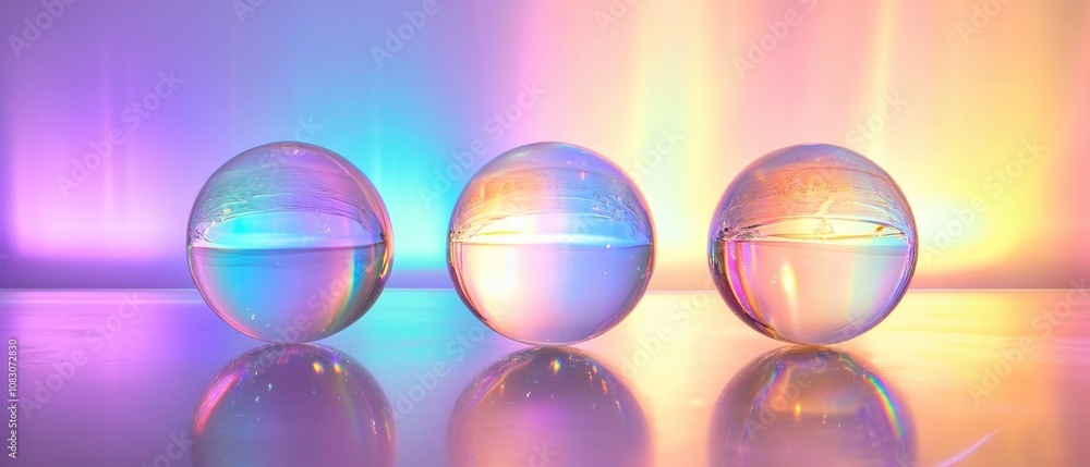 Aufkleber three crystal spheres arranged in a row with a vibrant rainbow light display creating a beautiful ba