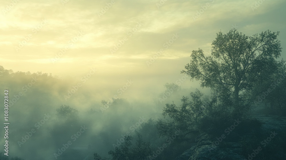 Poster mysterious fog enveloping a landscape creating an enchanting atmosphere with soft hues and a sense o