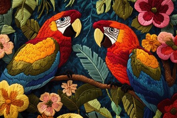 Obraz premium Vibrant embroidered design featuring parrots and flowers ideal for textile and fashion applications