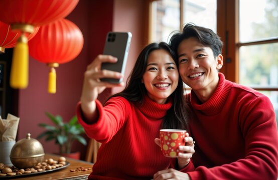 Happy young Asian couple wear red clothes, celebrate Chinese New Year, take selfie together at home. Smile for photo. Traditional decorations, red lanterns, tea, phone. Woman holds mug, man hugs.