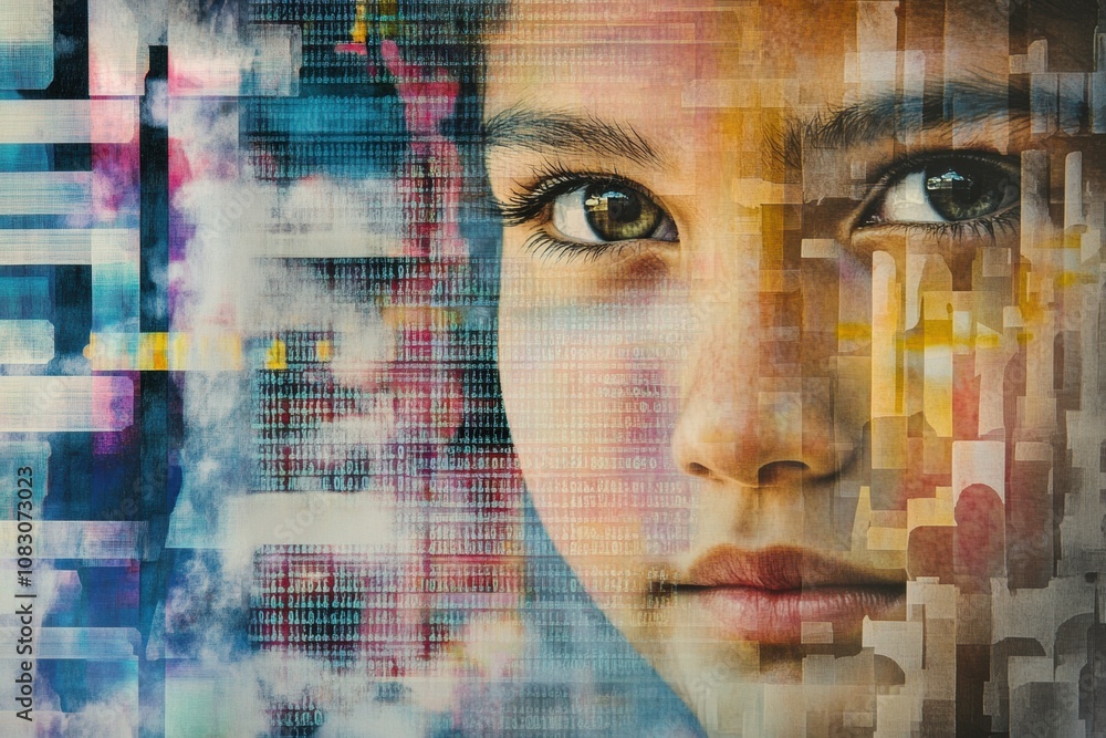 Fototapete a human face is overlaid on intricate patterns of genetic code, illustrating the connection between 