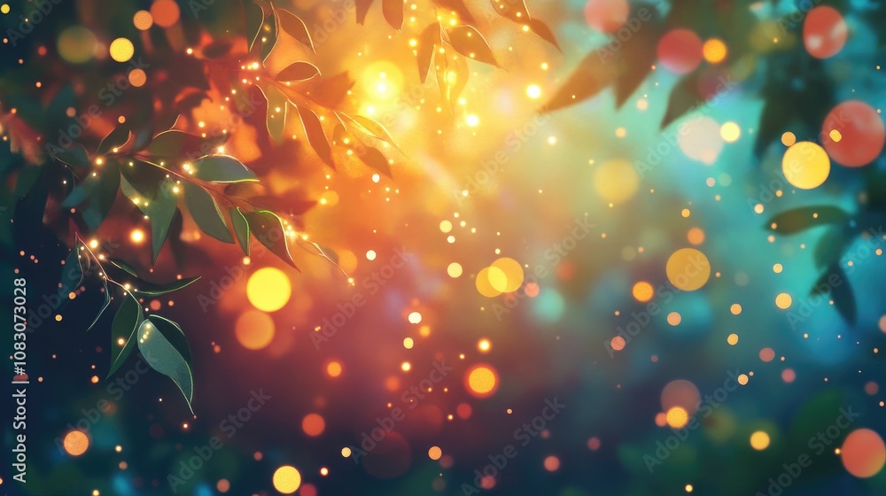 Poster whimsical bokeh effect with a dreamy background creating a fantasy atmosphere in a vibrant illustrat