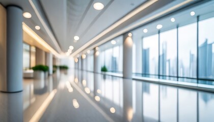 Obraz premium Modern, bright, and reflective hallway with tall windows showing a cityscape in the background