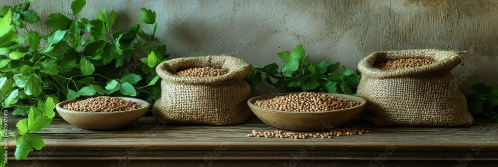 Aufkleber bowls and sacks filled with colorful lentils, beans, and chickpeas rest on a rustic wooden table sur