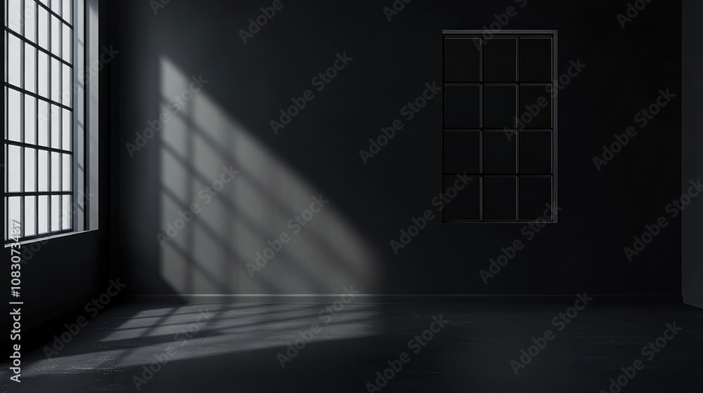 Poster dark gray room interior with a window characterized by an empty space and minimalistic design elemen