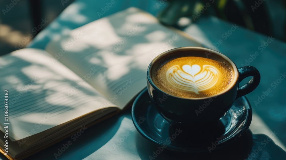 Poster coffee cup with latte art beside an open notebook on a table