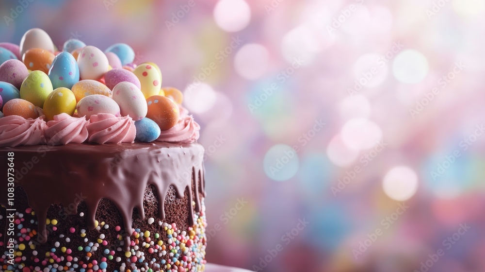 Poster close up of a chocolate cake topped with mini eggs and assorted candies featuring a blurred backdrop