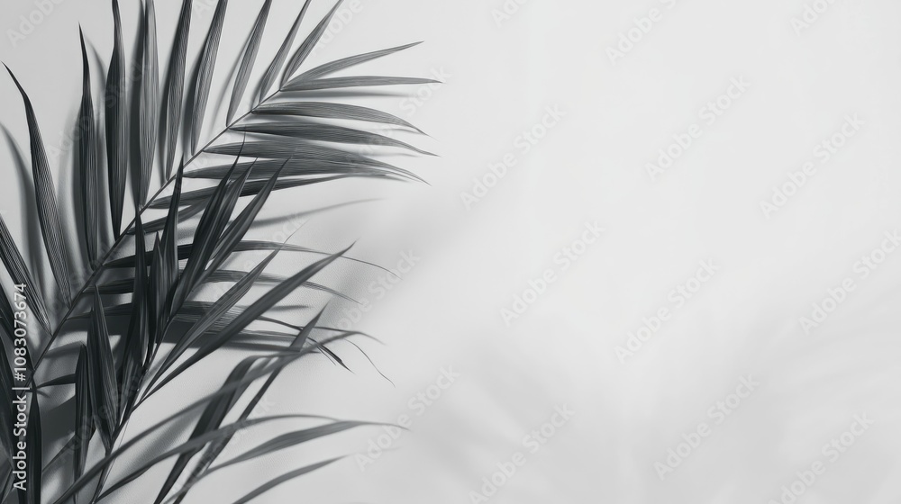 Poster gray shadow of a dried palm leaf on a white wall abstract neutral nature theme with a blurred backgr