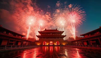 Fototapeta premium Fireworks display against Chinese temple. Red, white fireworks illuminate night sky above traditional temple architecture. Scene filled with festivity, celebration, capturing spirit of Chinese New