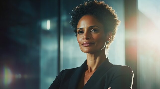 Confident female leader displaying a strong assertive stance in a business setting with ample room for text