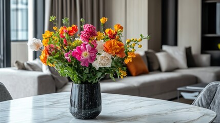 A modern living room features a marble dining table complemented by a vase filled with vibrant flowers