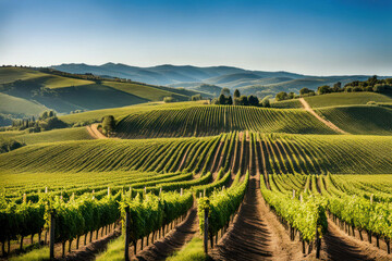 Naklejka premium Sunlit vineyard rows on rolling hills.