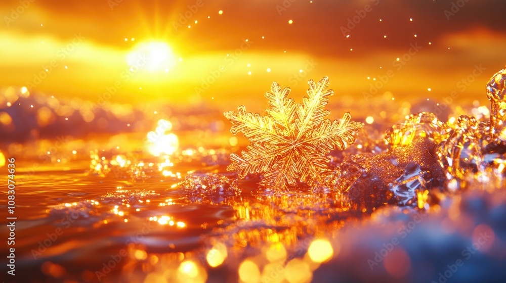 Poster delicate snowflake crystal rests on a snowy surface during a golden sunset featuring a close up view