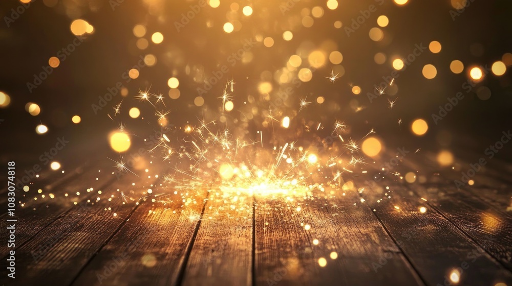 Aufkleber golden bokeh lights and sparkler effects on a rustic brown wooden background creating a festive atmo