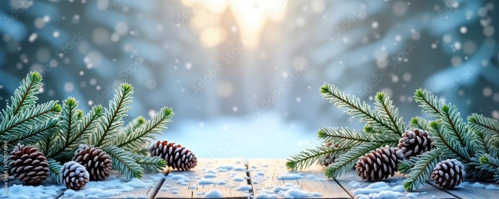 Poster fir tree branches lay on wooden table covered with snow. pine cones are frosted. winter background o