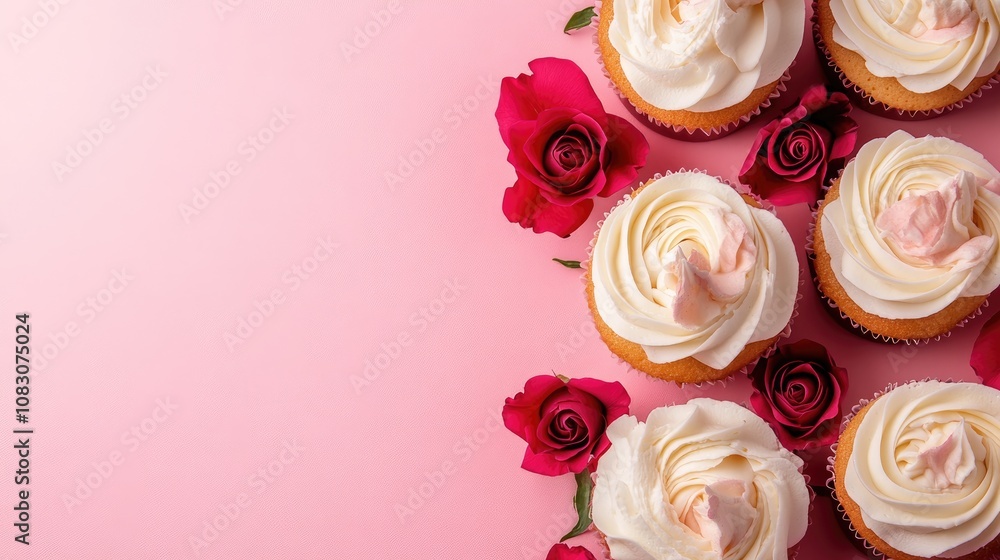 Poster cupcakes topped with vanilla cream and roses on a pink background offering ample space for text vert