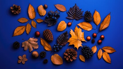 Flat lay composition featuring autumn leaves berries and pine cones set against a bright blue background