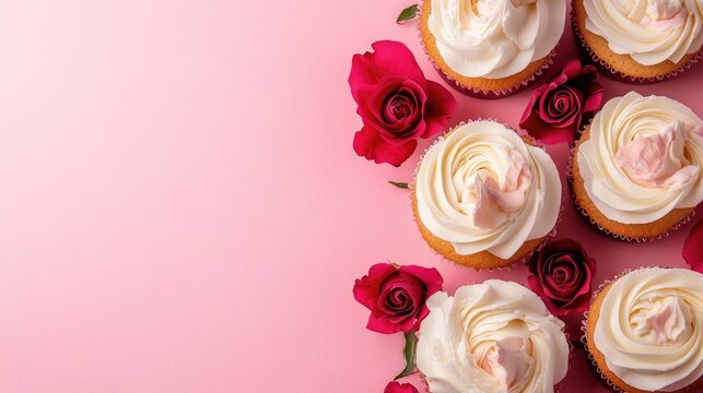Cupcakes topped with vanilla cream and roses on a pink background offering ample space for text Vertical composition suitable for Valentine s Day or wedding themes