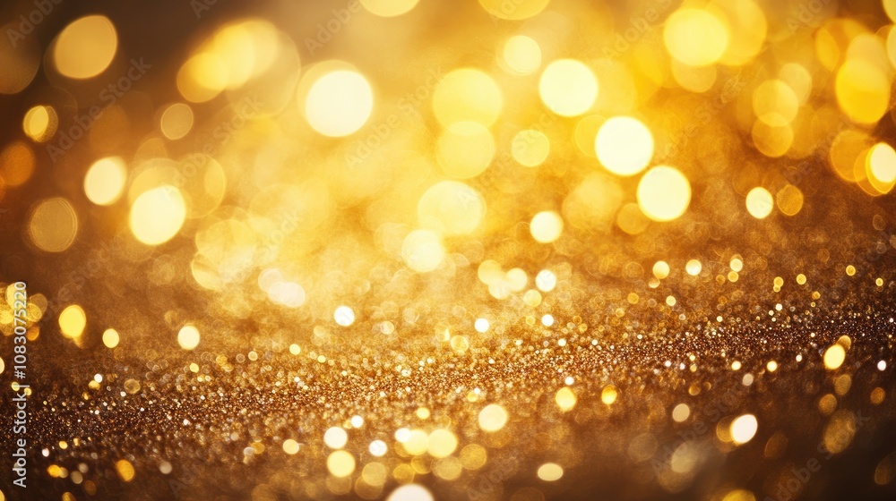 Poster golden dust sparkles in an abstract blur with shimmering bokeh creating vibrant party lights and a g